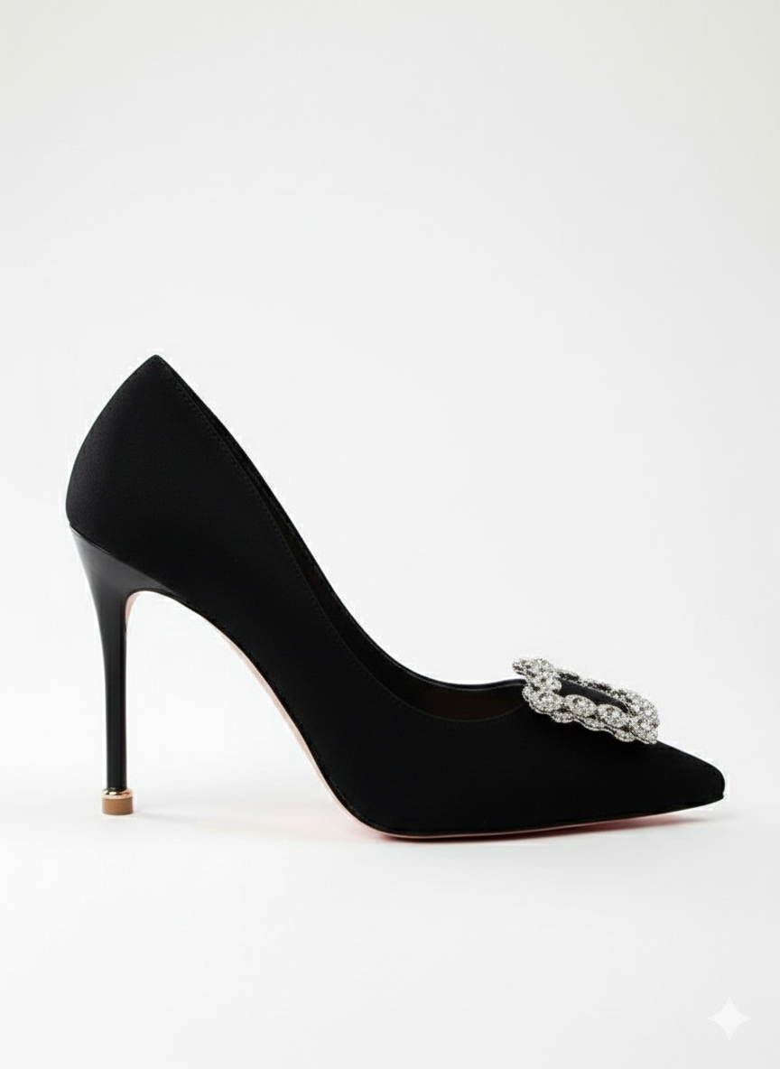 Stepzia | Royal Crystal Buckle Pointed-Toe Stiletto Pumps – Midnight Black